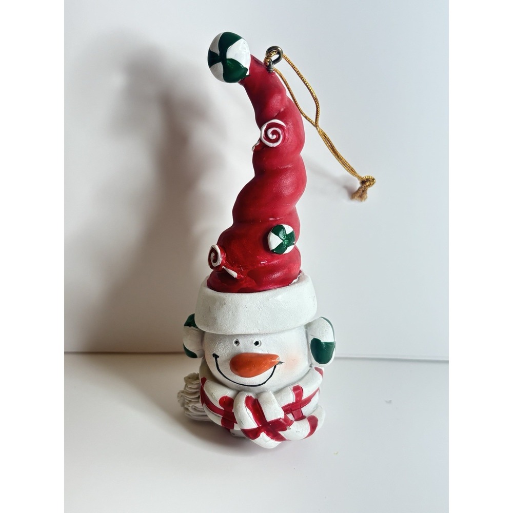 Vintage Resin Snowman Christmas Ornament Peppermint Candy Hat Whimsical Decor